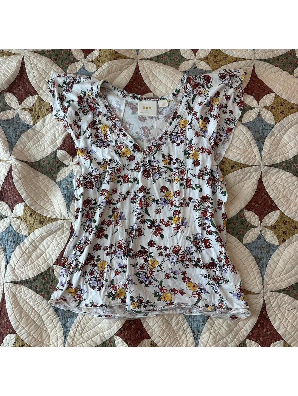 Anthropologie White Floral V-Neck Flutter Sleeve Blouse